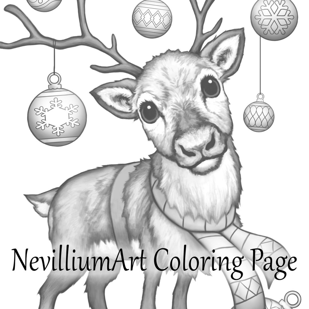 Reindeer Games Christmas Grayscale Coloring Page Nevilliumart Instant Download Printable JPEG PDF Files Etsy