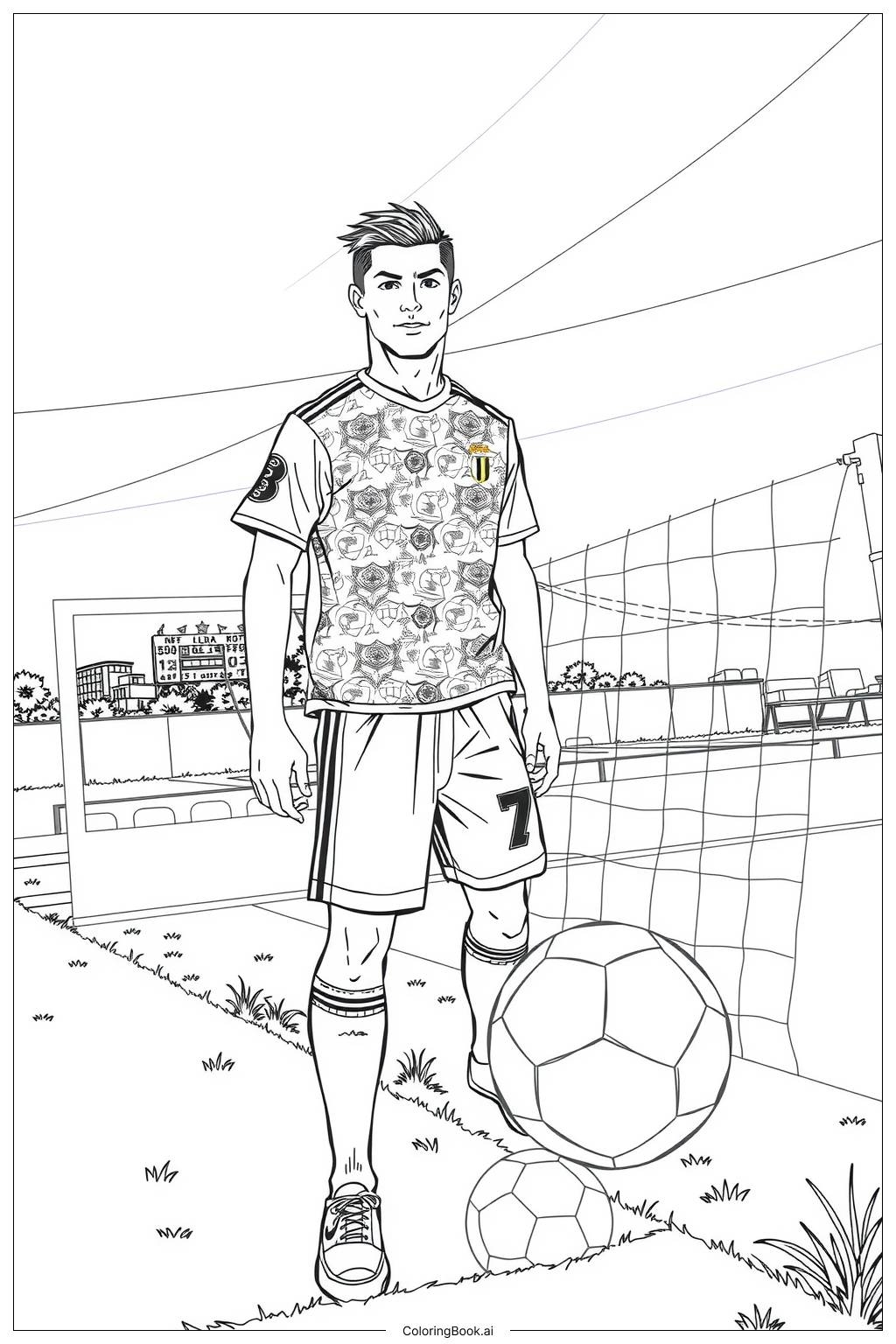 Ronaldo Standing With A Soccer Ball 2 Coloring Page Free PDF PNG Printable 