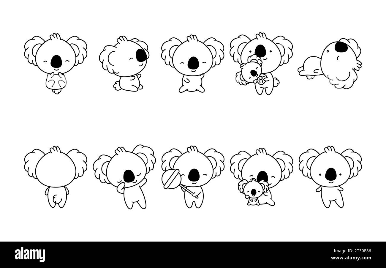 Set Of Cartoon Isolated Koala Coloring Page Cute Vector Kawaii Koala Bear Outline Collection Of Cute Vector Baby Animals Outline For Stickers Baby Stock Vector Image Art Alamy