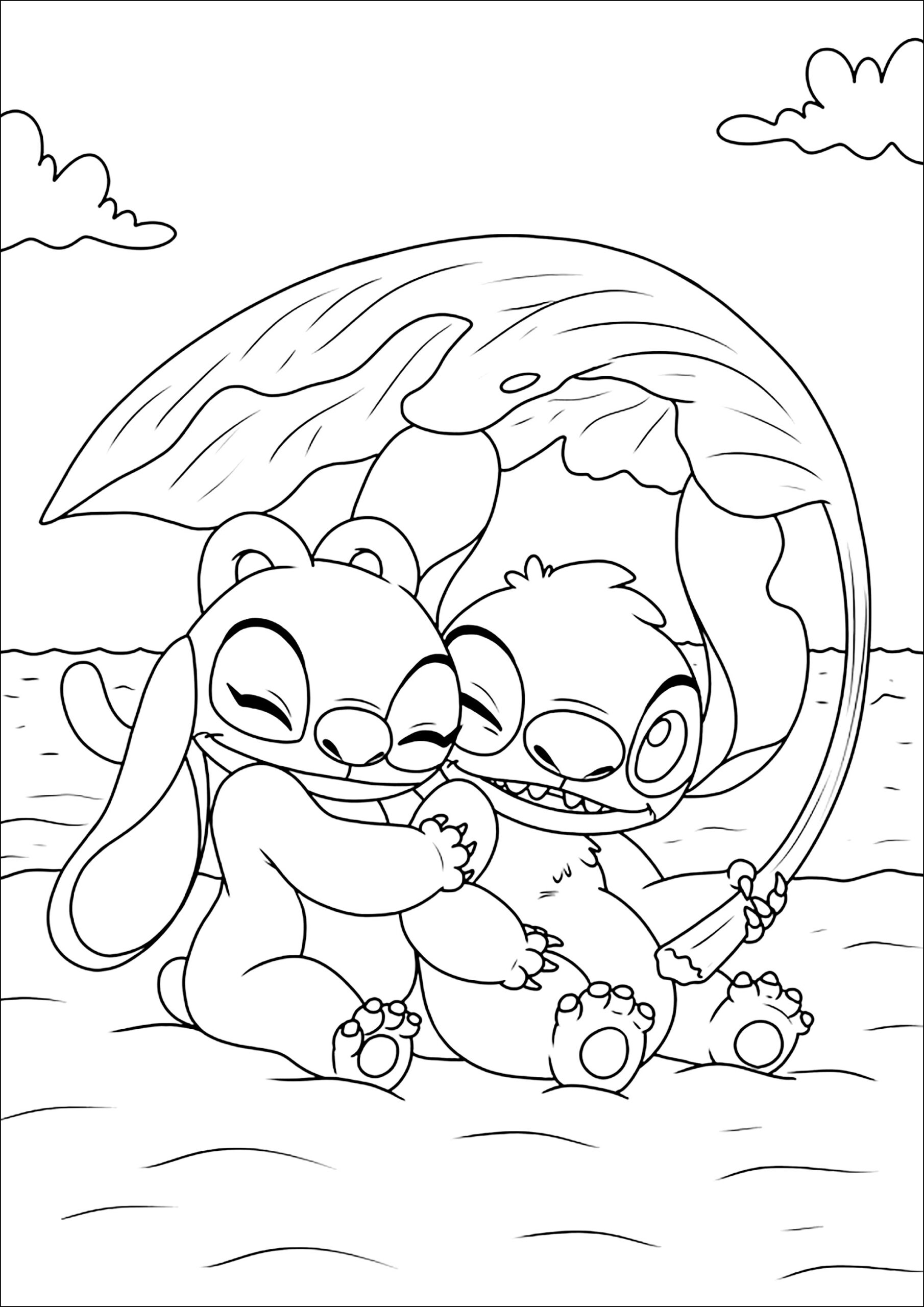 Stitch And His Girlfriend Angel At The Beach Lilo And Stitch Coloring Pages