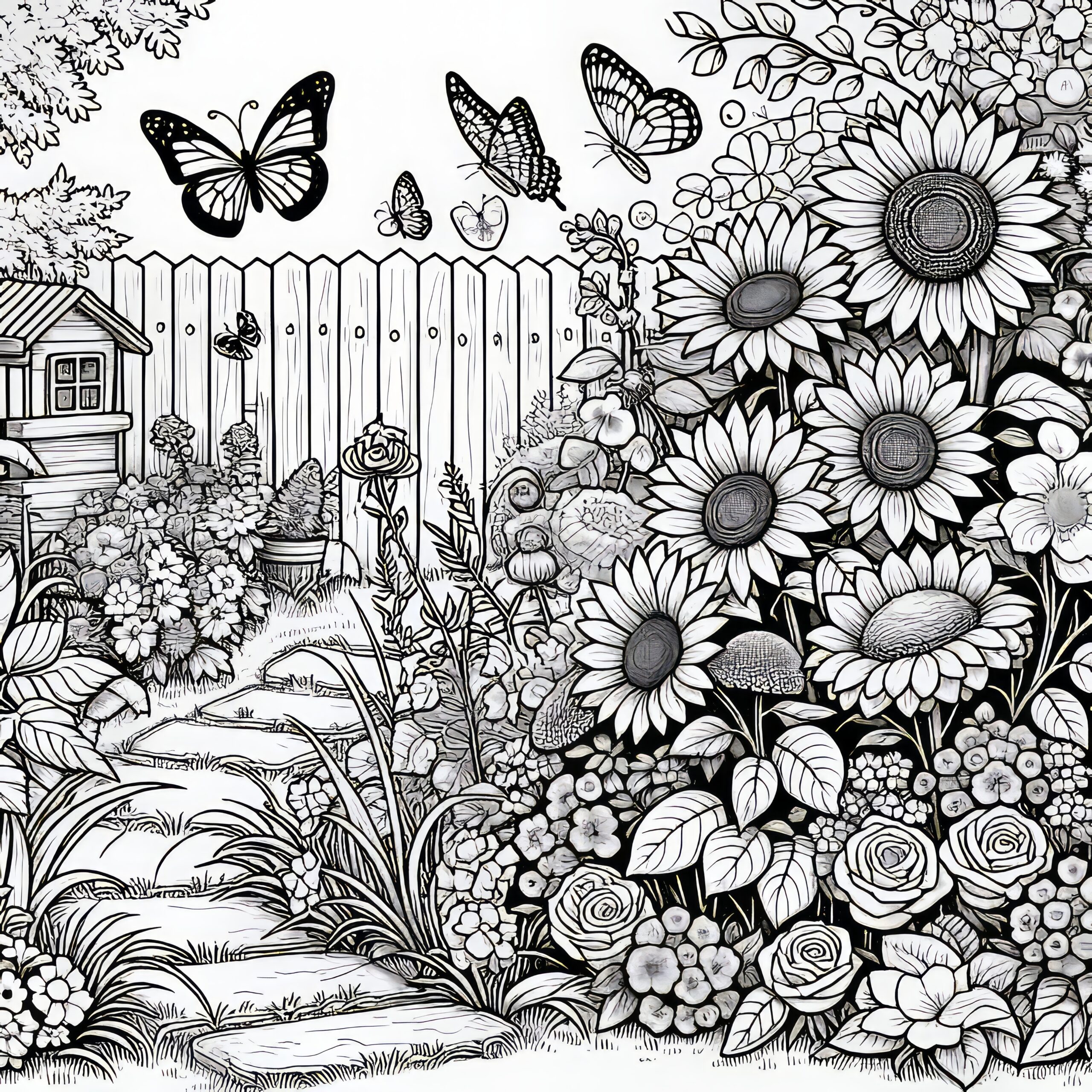 Sunflowers Fence And Butterflies In The Garden Coloring Page For Free