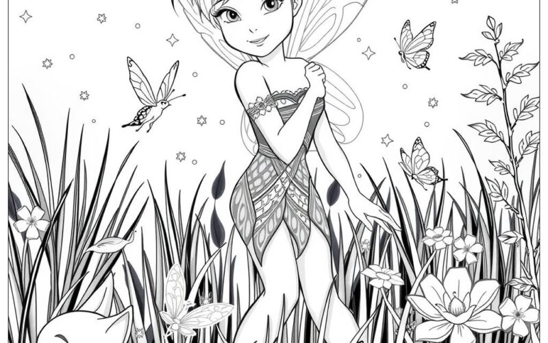 Tinkerbell Surrounded By Magical Creatures In A Sparkling Meadow 2 Coloring Page Free PDF PNG Printable