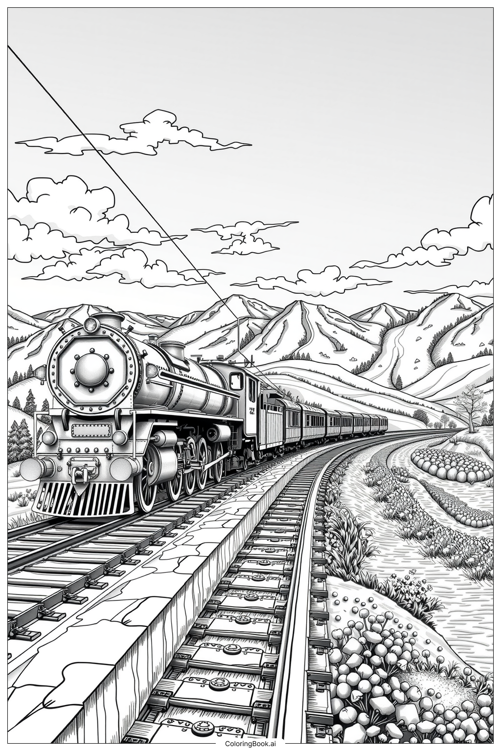 Train On A Straight Track Coloring Page Free PDF PNG Printable 