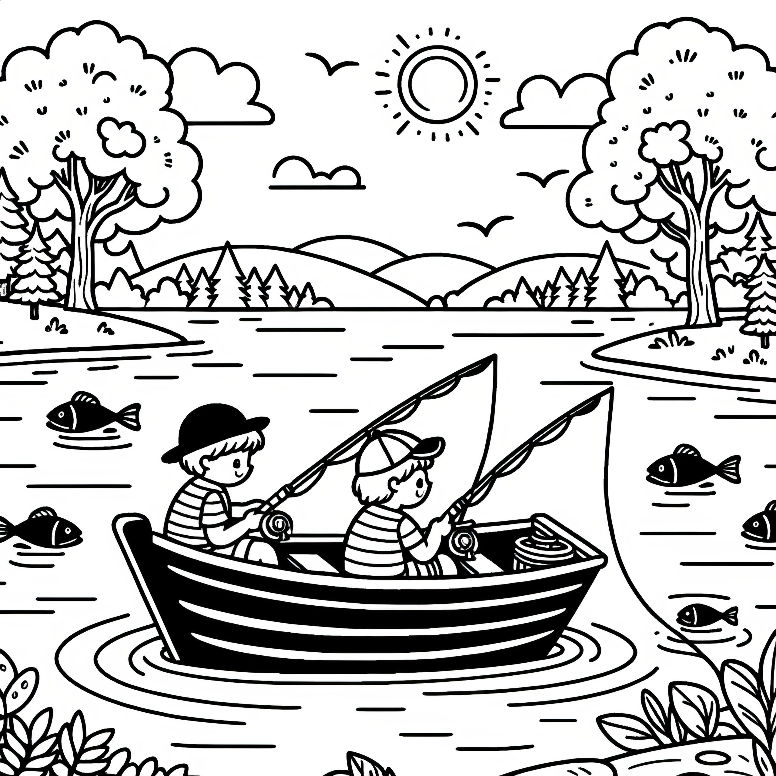 Two Children Are Fishing For Fish Summer Coloring Template For Download Free 
