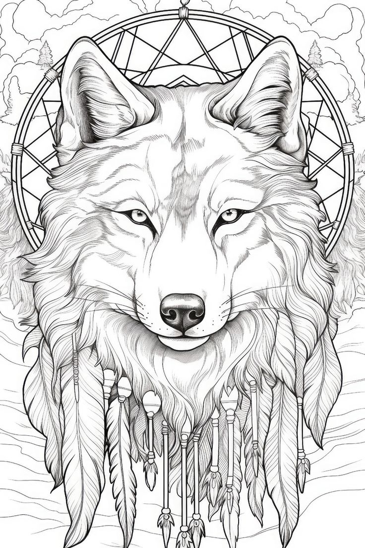 Wolf Dreamcatcher Coloring Page For Adults