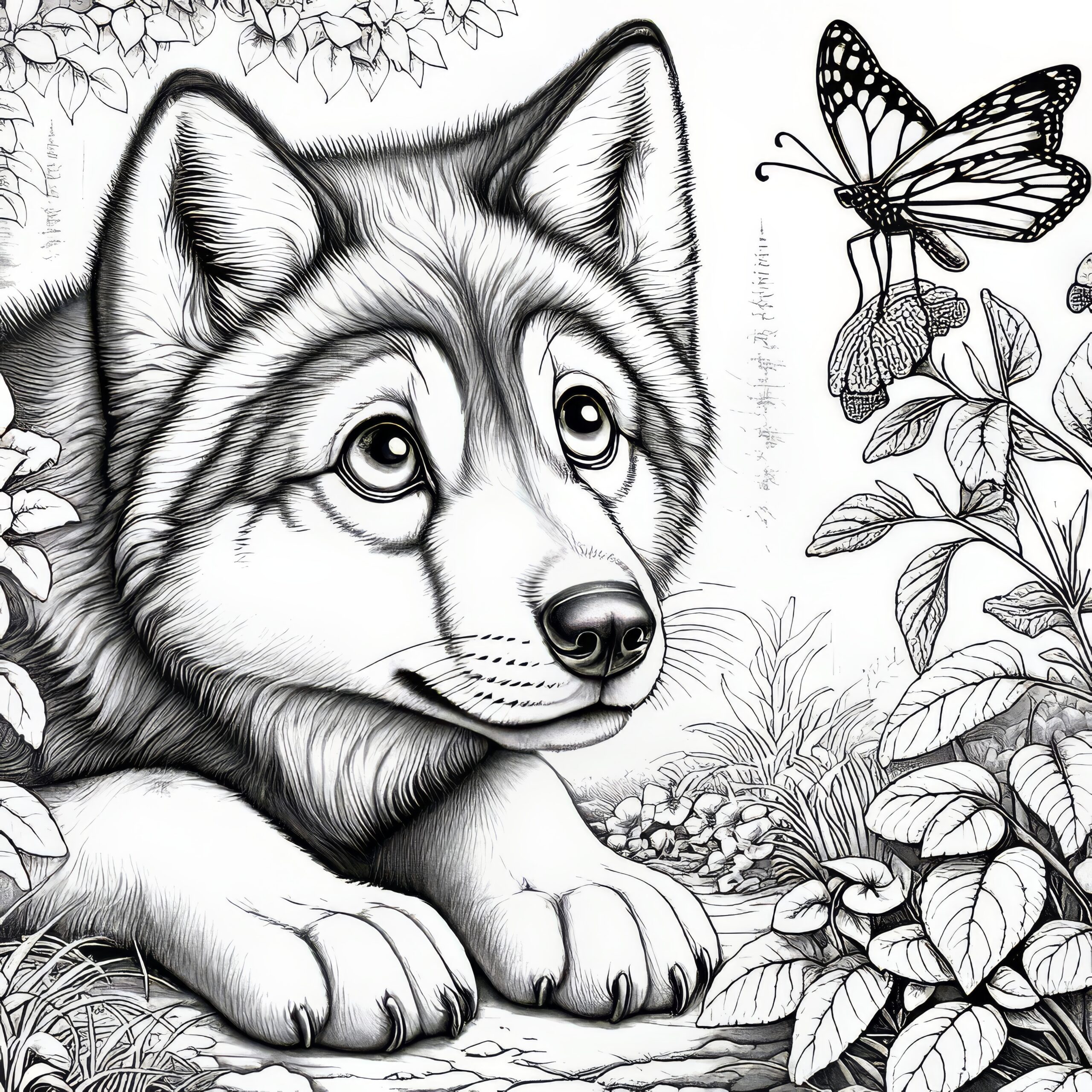 Wolf With Perked Ears Curiously Observes A Butterfly Free Coloring Page