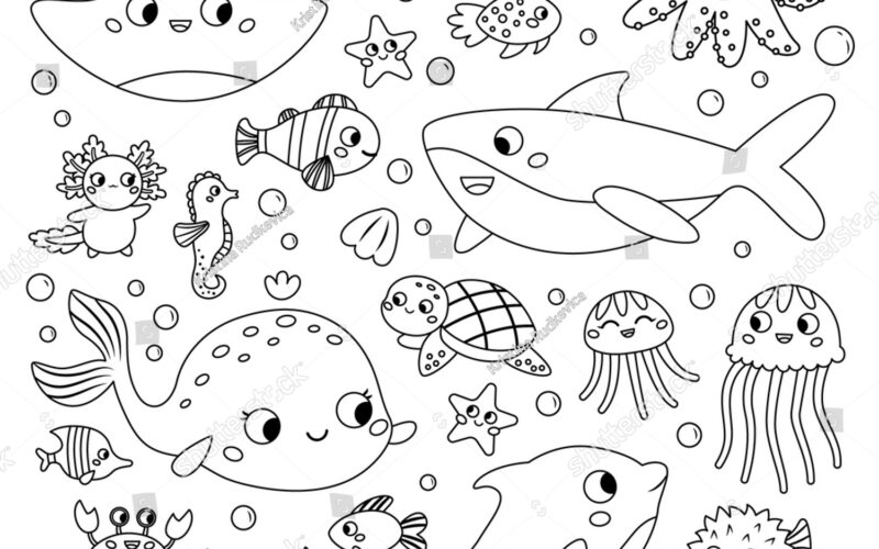 Farbseite Mit Meerestieren Zeichensatz F r Scharfe Stock Vektorgrafik Lizenzfrei 2267812421 Shutterstock