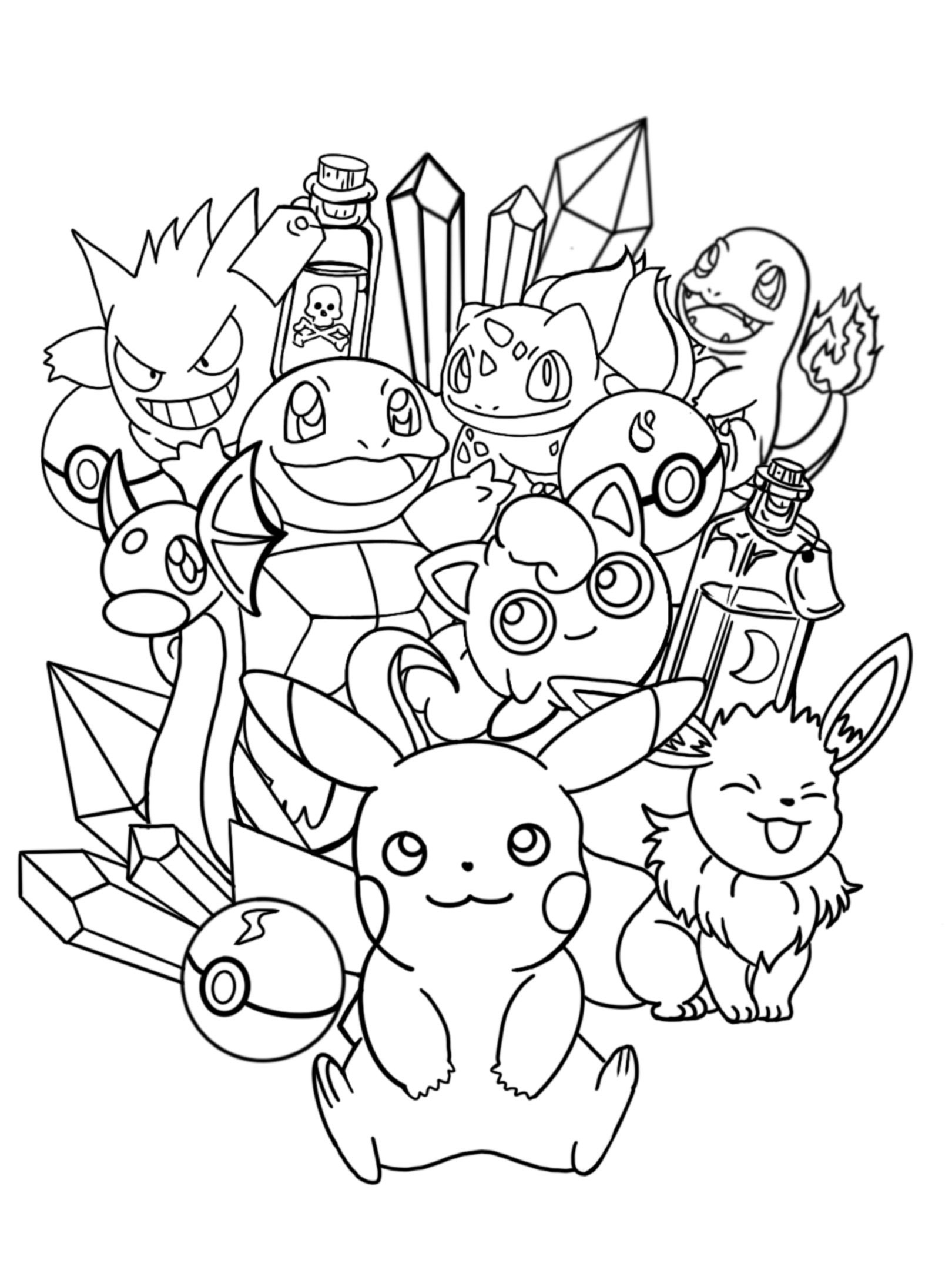 Pokemon Coloring Page Feat Pikachu And Friends With Crystals And Potions Etsy