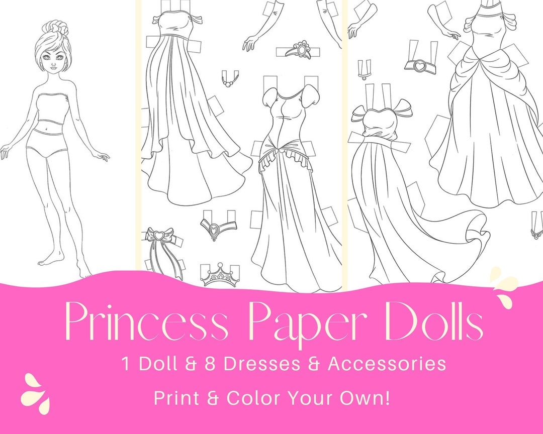 Princess Paper Dolls Road Trip Project Princess Party Color Your Own Activity Dolls To Color Pretty Dresses To Color Dress Coloring Page Etsy
