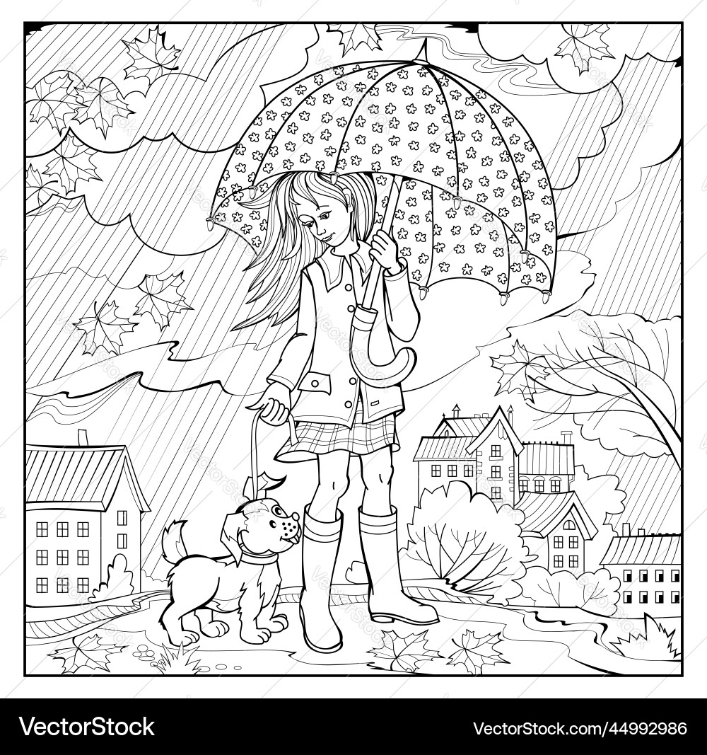 Rainy Day Coloring Page M dchen Und Hund Vektorbild